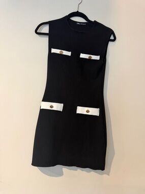 Zara Black Mini Dress with White Trim and Gold Buttons